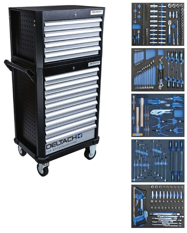524254 | Deltach D2-compact gevulde gereedschapswagen + topkoffer 214 dlg