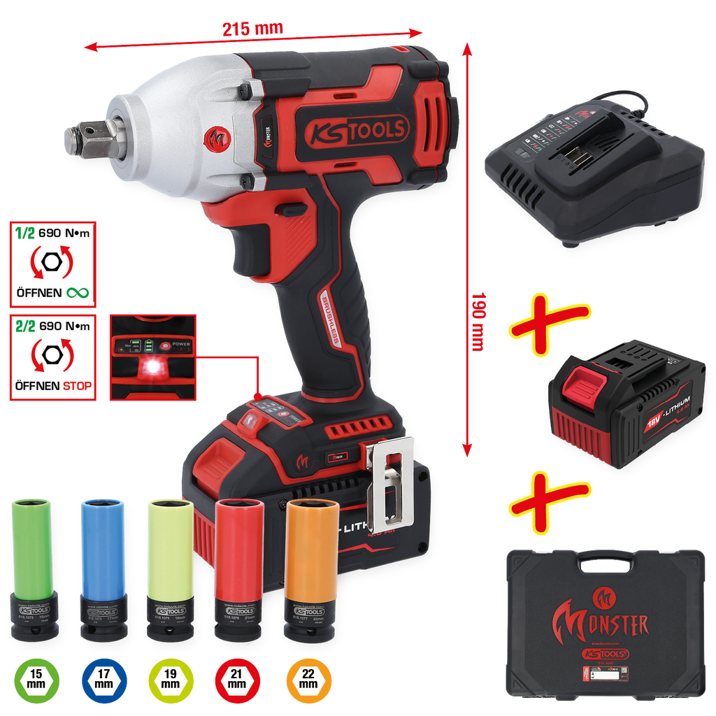 515.6100 | KS TOOLS eMONSTER 1/2" brushless accu slagmoersleutelset, 9-dlg