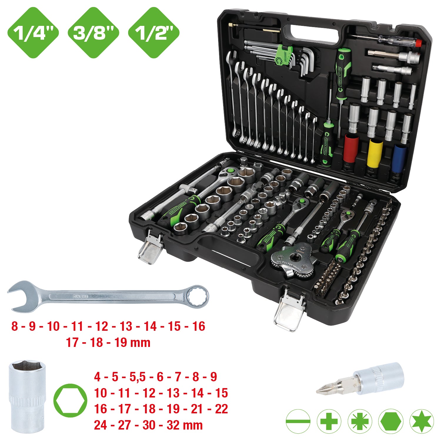 512.0132 | Competition 1/4"+3/8"+1/2" dopsleutelset, 132 dlg