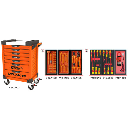 KS Tools ULTIMATE 819.7045 oranje gereedschapswagen met 7 laden, 44 geïsoleerde gereedschappen en een stroomtang – foto 2