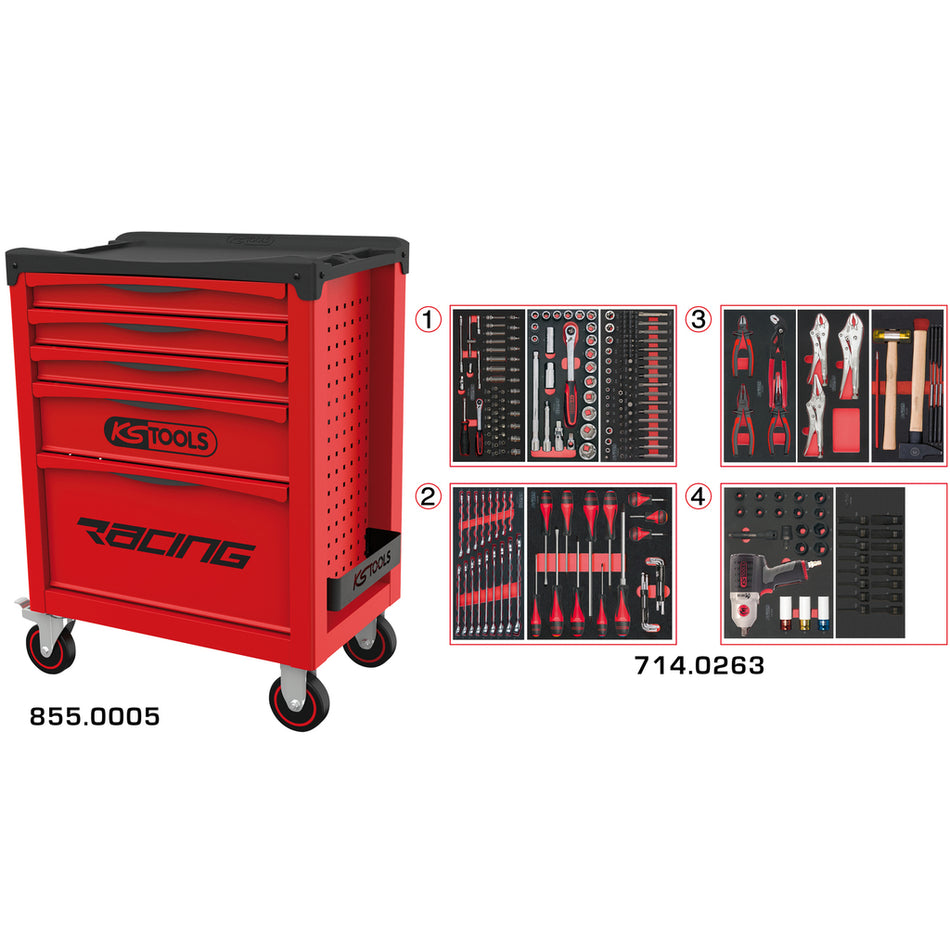 KS Tools RACING 855.5263 rode gereedschapswagen met 5 laden en 263 gereedschappen