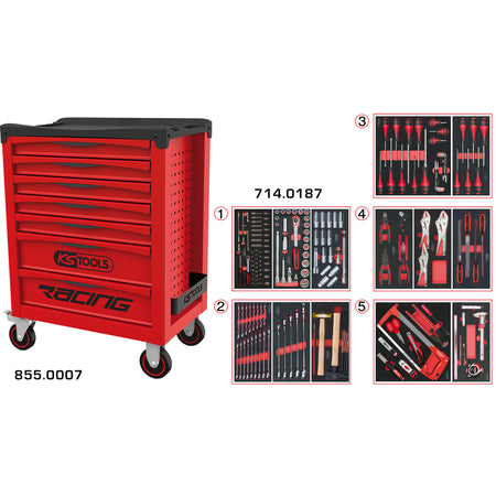 KS Tools RACING 855.7186 rode gereedschapswagen met 7 laden en 187 gereedschappen