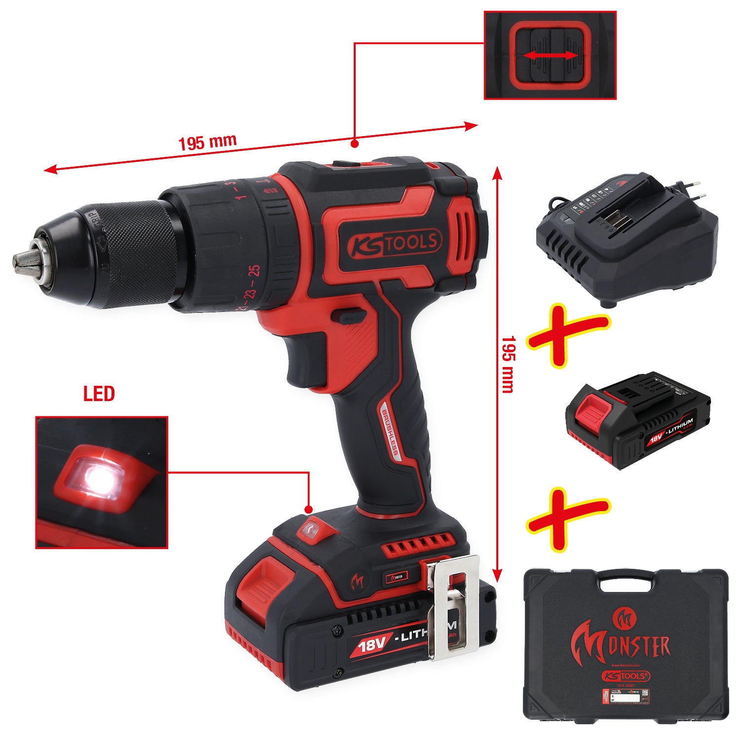 515.6300 | KS TOOLS eMONSTER brushless accuslagschroef-/boormachineset, 4-dlg