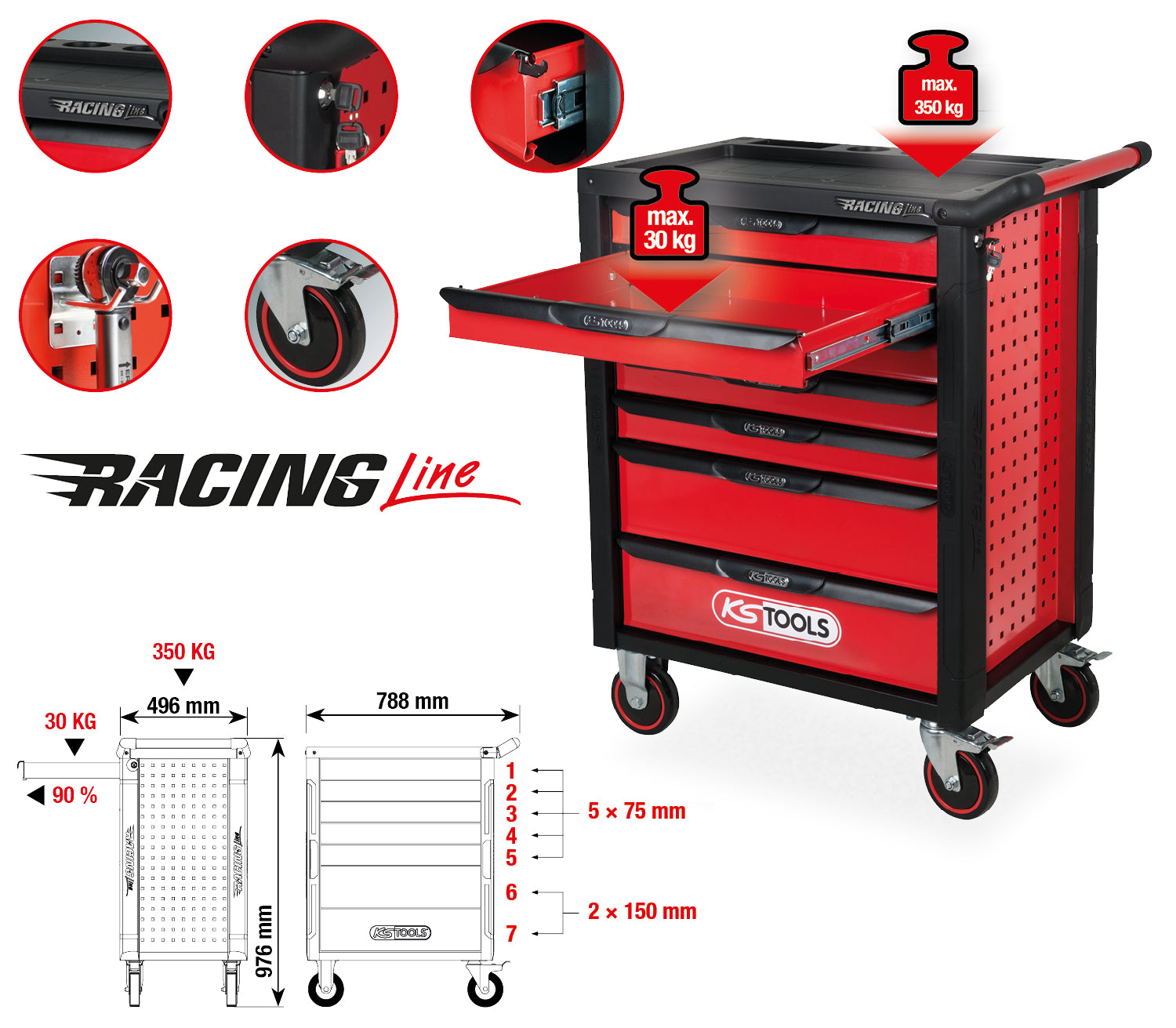 826.7515 | KS TOOLS RACINGline gereedschapswagen 515 dlg, 7 laden