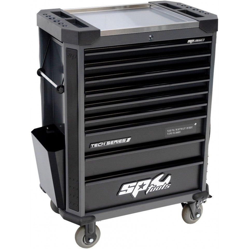 SP Tools Tech Series SP42265D gereedschapswagen met 9 laden en zwarte grepen, vooraanzicht met RVS-werkblad