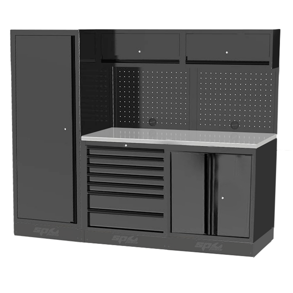 Système mural professionnel pour garage : 3 panneaux arrière + armoire avec plan de travail