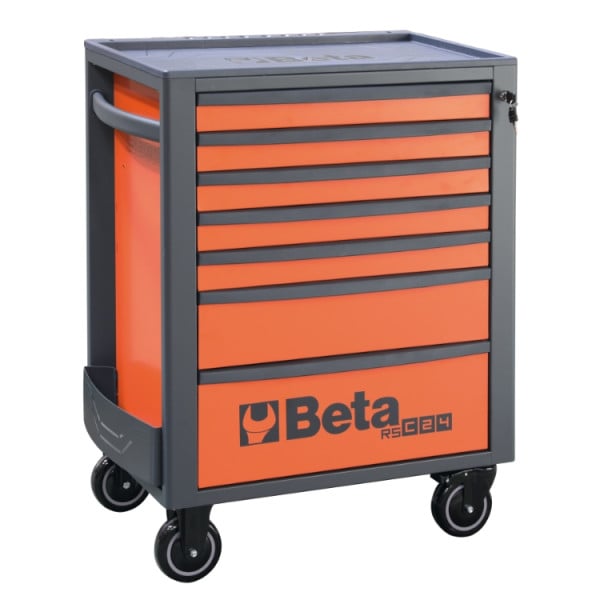 Beta RSC24/7 gereedschapswagen met 7 laden in oranje/antraciet, vooraanzicht met gesloten laden
