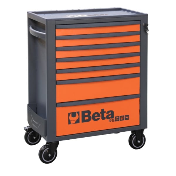 Beta RSC24/7 gereedschapswagen oranje/antraciet, zijaanzicht met zwenkwielen en centrale vergrendeling