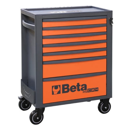 Beta RSC24/7 gereedschapswagen oranje/antraciet, zijaanzicht met zwenkwielen en centrale vergrendeling
