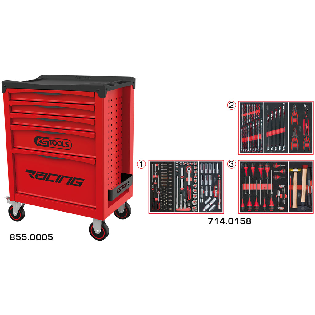KS Tools RACING 855.5158 rode gereedschapswagen met 5 laden en 158 gereedschappen