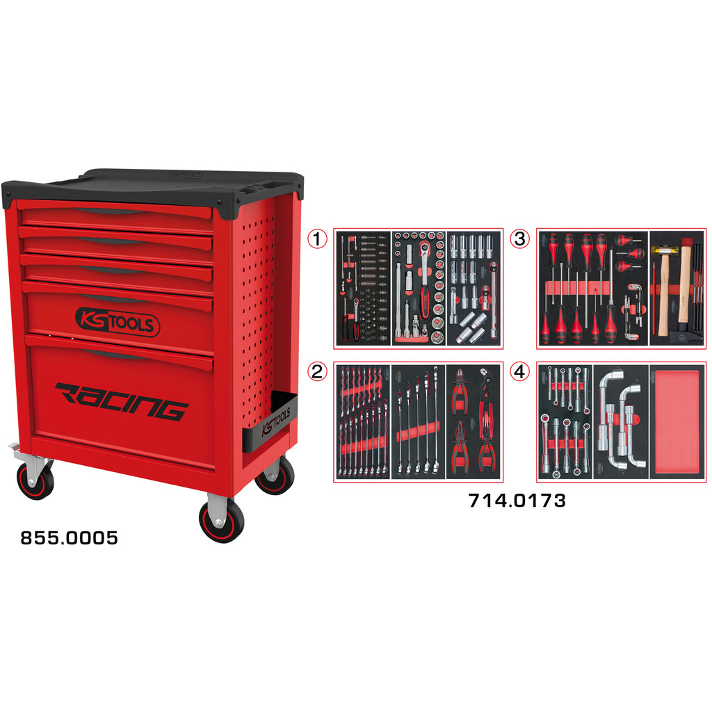 KS Tools RACING 855.5173 rode gereedschapswagen met 5 laden en 173 gereedschappen