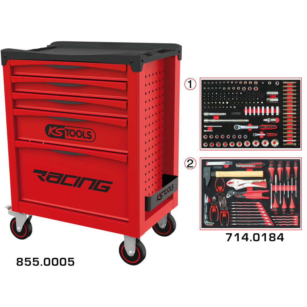KS Tools RACING 855.5184 rood-zwarte gereedschapswagen met 5 laden en 184 gereedschappen
