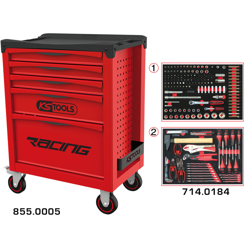 KS Tools RACING 855.5184 rood-zwarte gereedschapswagen met 5 laden en 184 gereedschappen