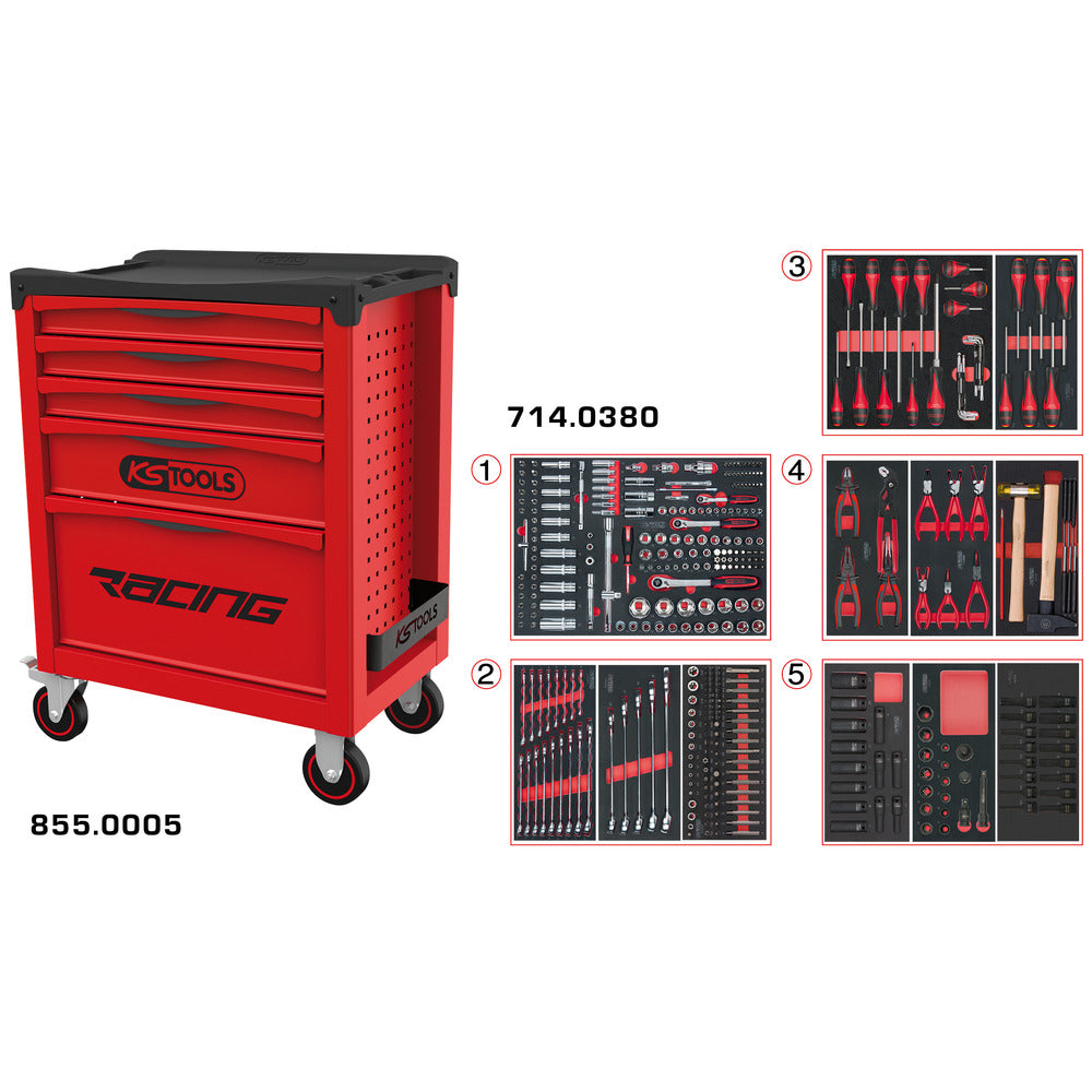 KS Tools RACING 855.5384 rode gereedschapswagen met 5 laden en 384 gereedschappen