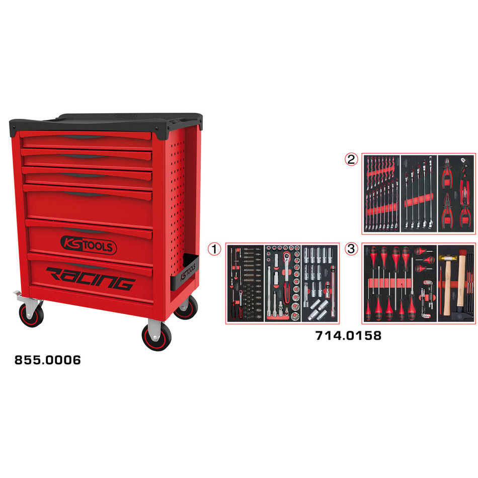 KS Tools RACING 855.6158 rode gereedschapswagen met 6 laden en 158 gereedschappen