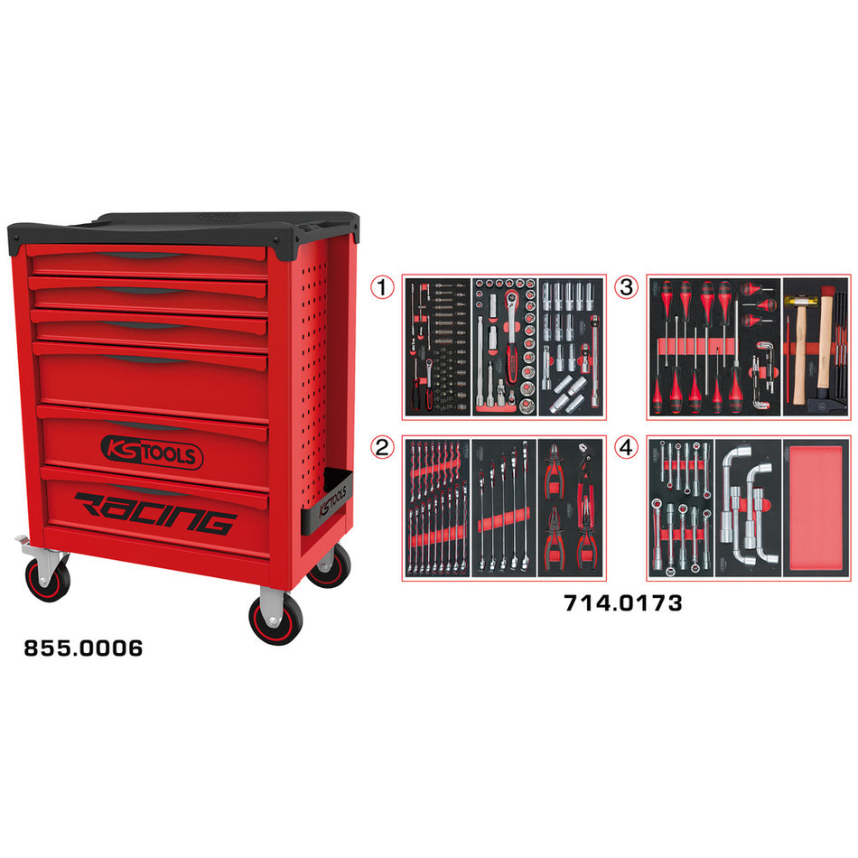 KS Tools RACING 855.6173 rode gereedschapswagen met 6 laden en 173 gereedschappen