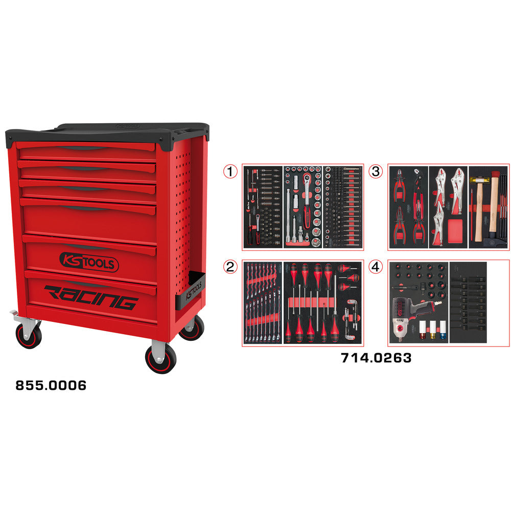 KS Tools RACING 855.6263 rode gereedschapswagen met 6 laden en 263 gereedschappen