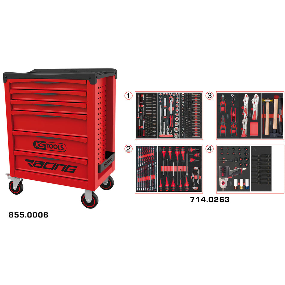KS Tools RACING 855.6263 rode gereedschapswagen met 6 laden en 263 gereedschappen