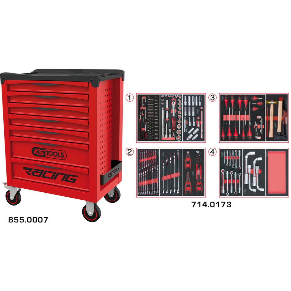 KS Tools RACING 855.7173 rode gereedschapswagen met 7 laden en 173 gereedschappen