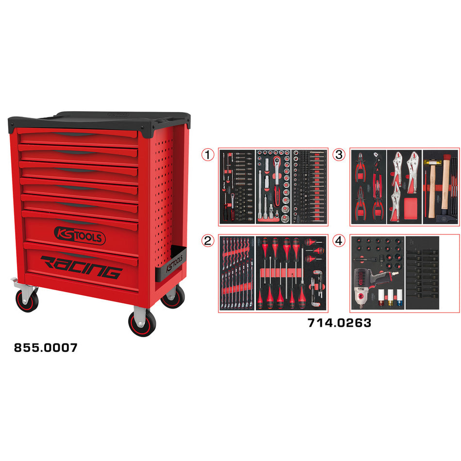 KS Tools RACING 855.7263 rode gereedschapswagen met 7 laden en 263 gereedschappen