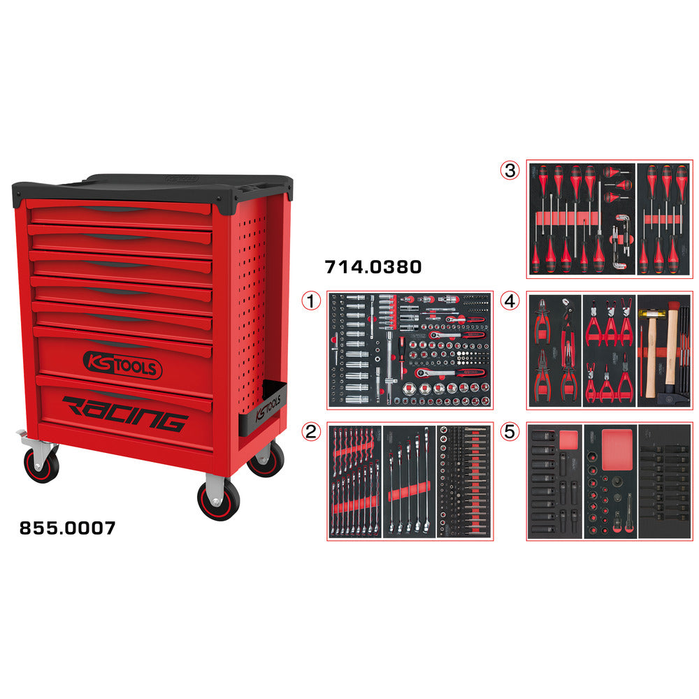KS Tools RACING 855.7384 rode gereedschapswagen met 7 laden en 384 gereedschappen