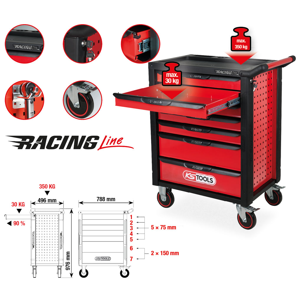 KS Tools RACINGline 826.0007 lege gereedschapswagen met 7 laden, zwart/rood
