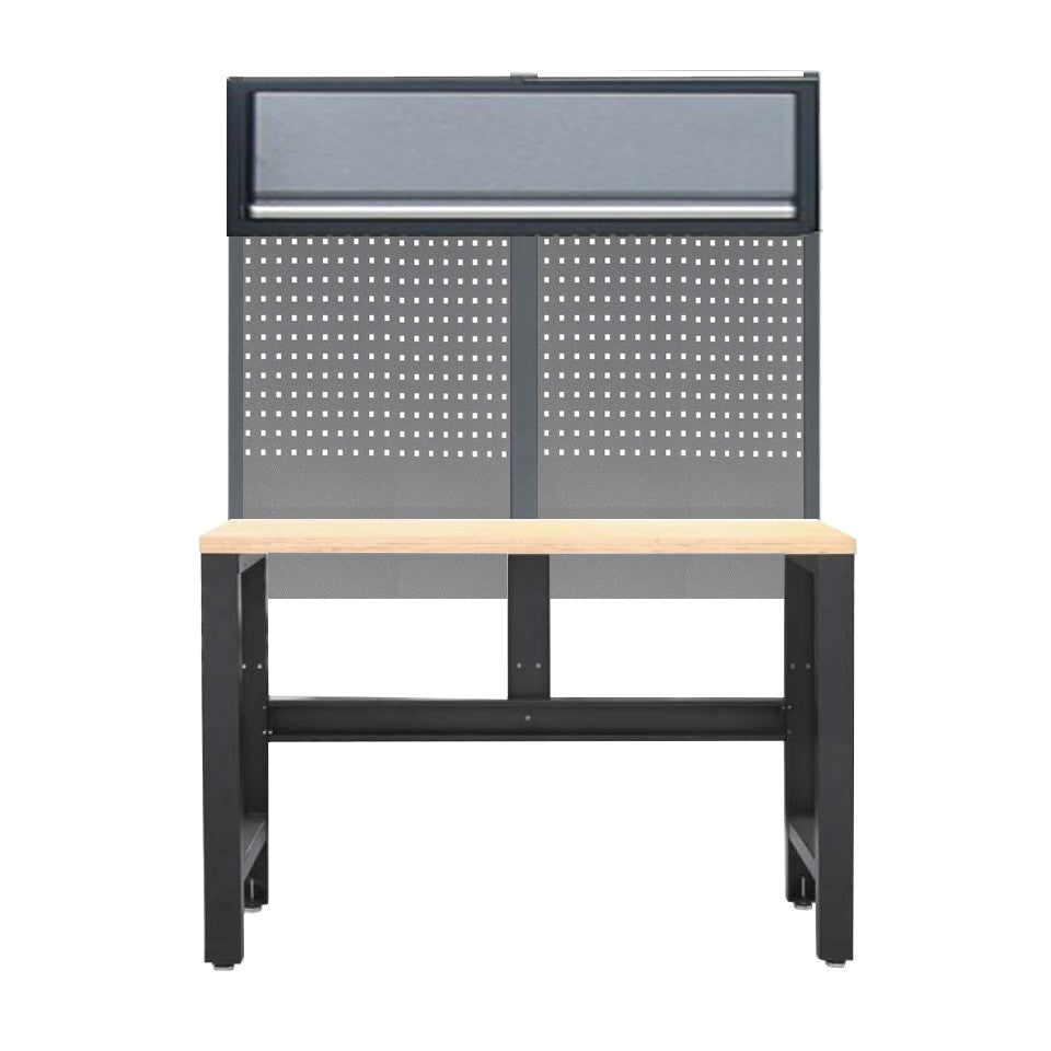 SP Tools Workshop Series werkbank met achterwand en bovenkast – Hout, grijze achterwand