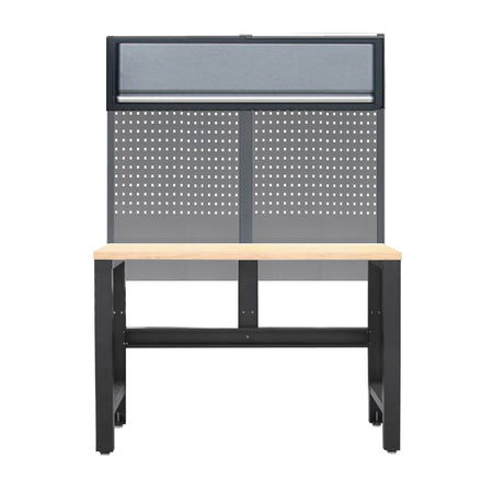 SP Tools Workshop Series werkbank met achterwand en bovenkast – Hout, grijze achterwand